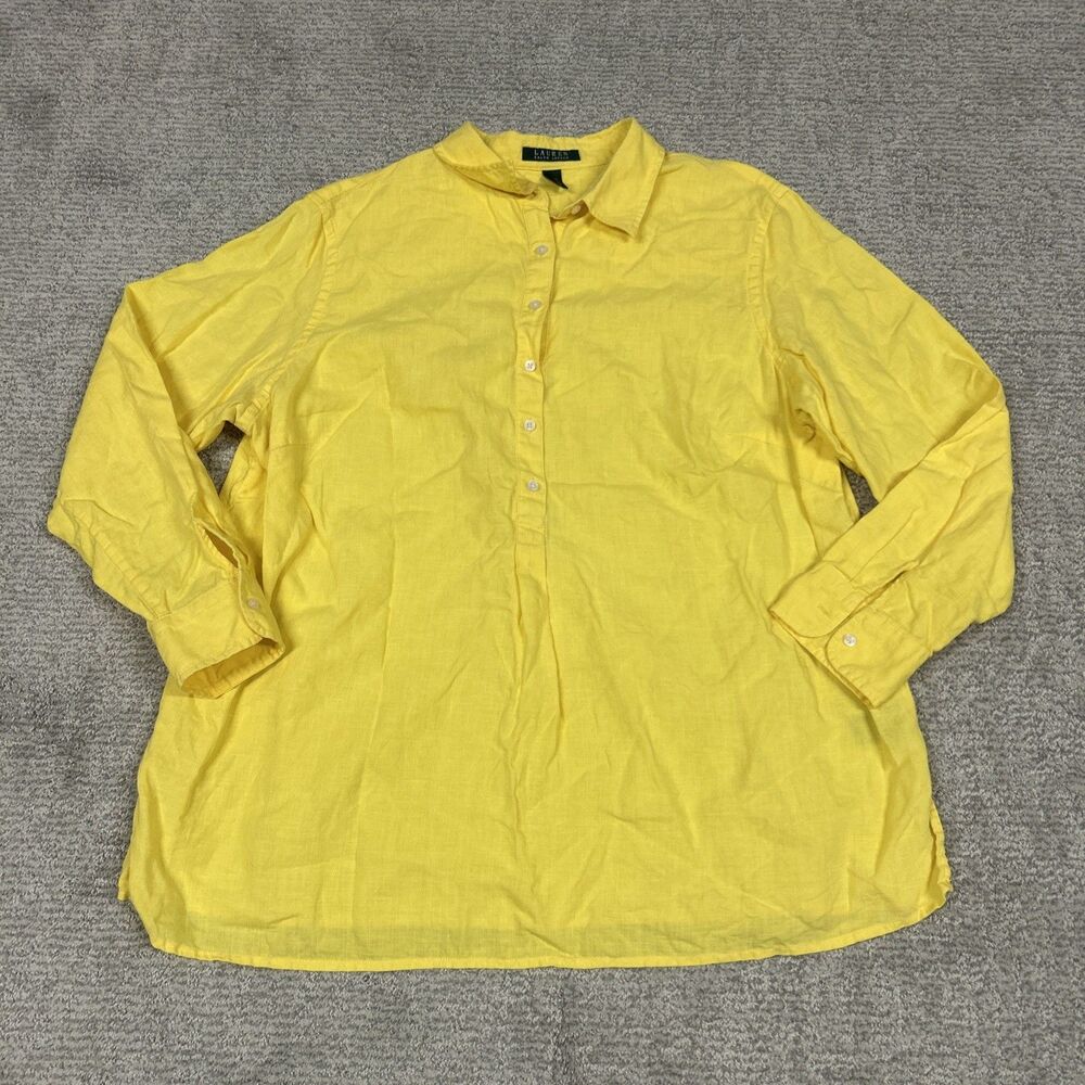 Ralph Lauren LRL Shirt Womens 1X 100% Linen Yellow Popover Top Blouse Summer